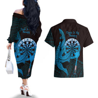 Aloha Hawaii Darts Couples Matching Off The Shoulder Long Sleeve Dress and Hawaiian Shirt Dart Board With Polynesian Shark - Blue LT14 - Polynesian Pride