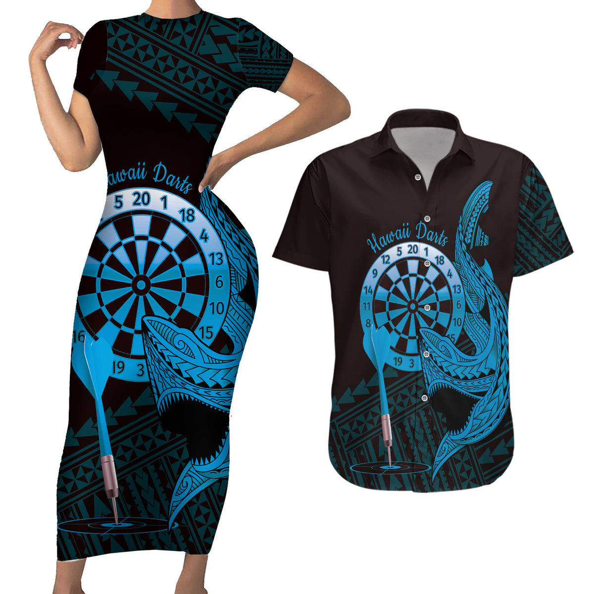 Aloha Hawaii Darts Couples Matching Short Sleeve Bodycon Dress and Hawaiian Shirt Dart Board With Polynesian Shark - Blue LT14 Blue - Polynesian Pride
