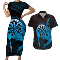 Aloha Hawaii Darts Couples Matching Short Sleeve Bodycon Dress and Hawaiian Shirt Dart Board With Polynesian Shark - Blue LT14 Blue - Polynesian Pride