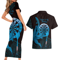 Aloha Hawaii Darts Couples Matching Short Sleeve Bodycon Dress and Hawaiian Shirt Dart Board With Polynesian Shark - Blue LT14 - Polynesian Pride