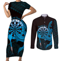 Aloha Hawaii Darts Couples Matching Short Sleeve Bodycon Dress and Long Sleeve Button Shirt Dart Board With Polynesian Shark - Blue LT14 Blue - Polynesian Pride