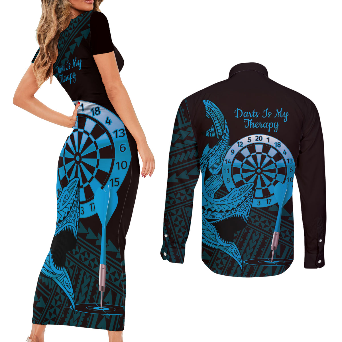 Aloha Hawaii Darts Couples Matching Short Sleeve Bodycon Dress and Long Sleeve Button Shirt Dart Board With Polynesian Shark - Blue LT14 - Polynesian Pride