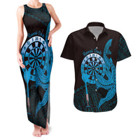 Aloha Hawaii Darts Couples Matching Tank Maxi Dress and Hawaiian Shirt Dart Board With Polynesian Shark - Blue LT14 Blue - Polynesian Pride