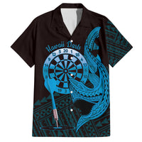 Aloha Hawaii Darts Family Matching Long Sleeve Bodycon Dress and Hawaiian Shirt Dart Board With Polynesian Shark - Blue LT14 Dad's Shirt - Short Sleeve Blue - Polynesian Pride