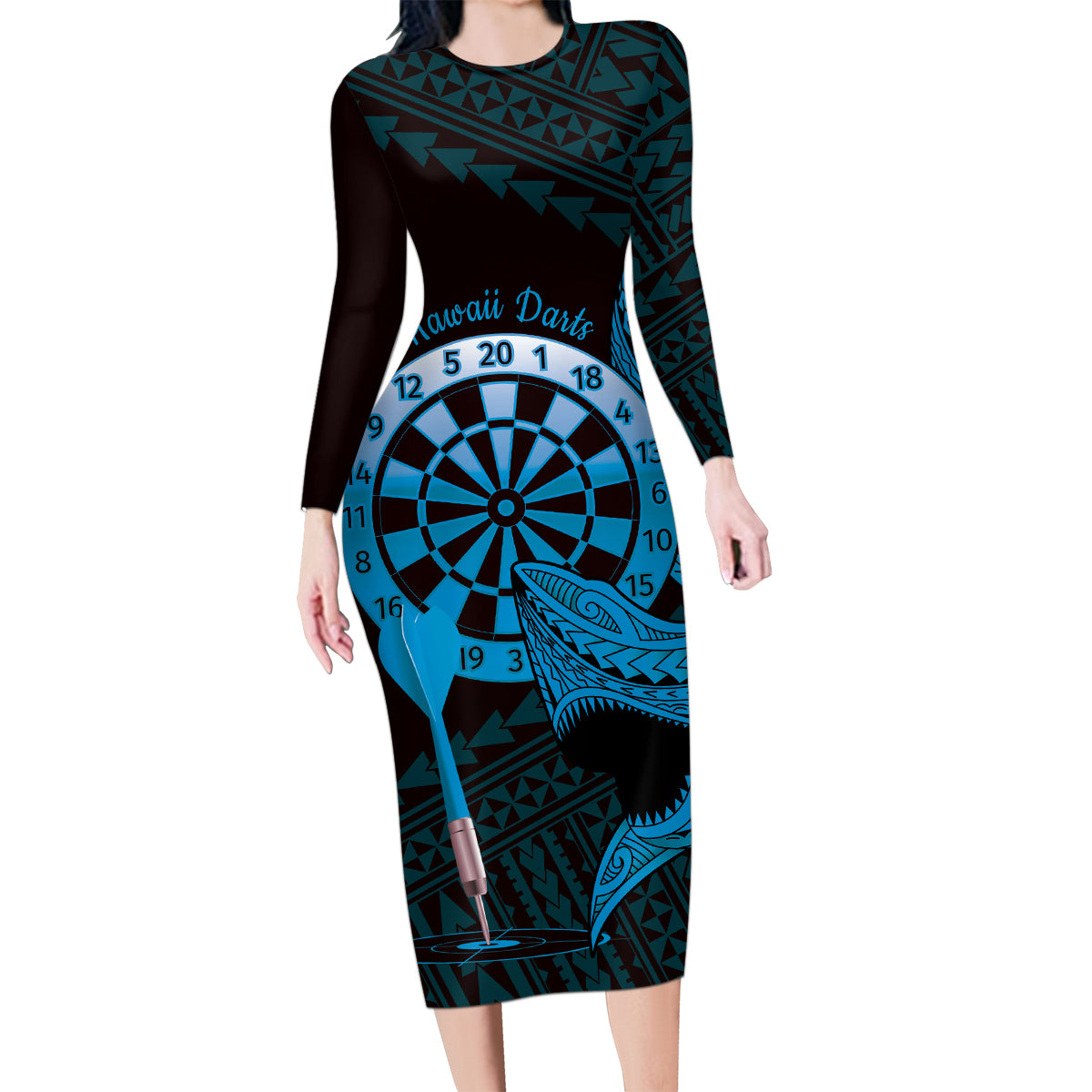 Aloha Hawaii Darts Family Matching Long Sleeve Bodycon Dress and Hawaiian Shirt Dart Board With Polynesian Shark - Blue LT14 Mom's Dress Blue - Polynesian Pride