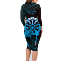 Aloha Hawaii Darts Family Matching Long Sleeve Bodycon Dress and Hawaiian Shirt Dart Board With Polynesian Shark - Blue LT14 - Polynesian Pride