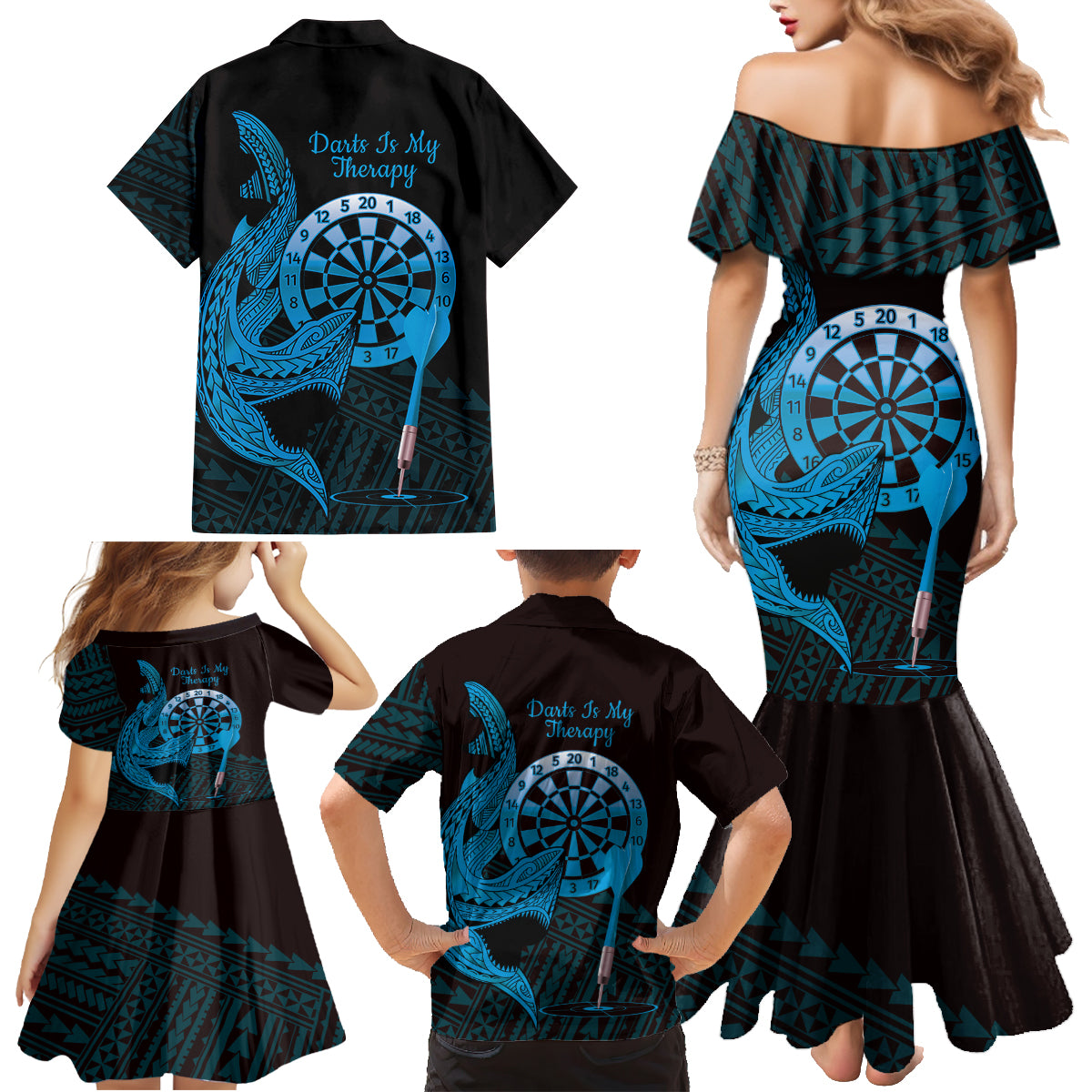Aloha Hawaii Darts Family Matching Mermaid Dress and Hawaiian Shirt Dart Board With Polynesian Shark - Blue LT14 - Polynesian Pride