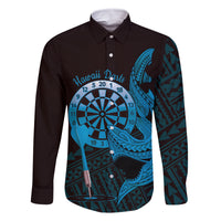 Aloha Hawaii Darts Family Matching Mermaid Dress and Hawaiian Shirt Dart Board With Polynesian Shark - Blue LT14 Dad's Shirt - Long Sleeve Blue - Polynesian Pride