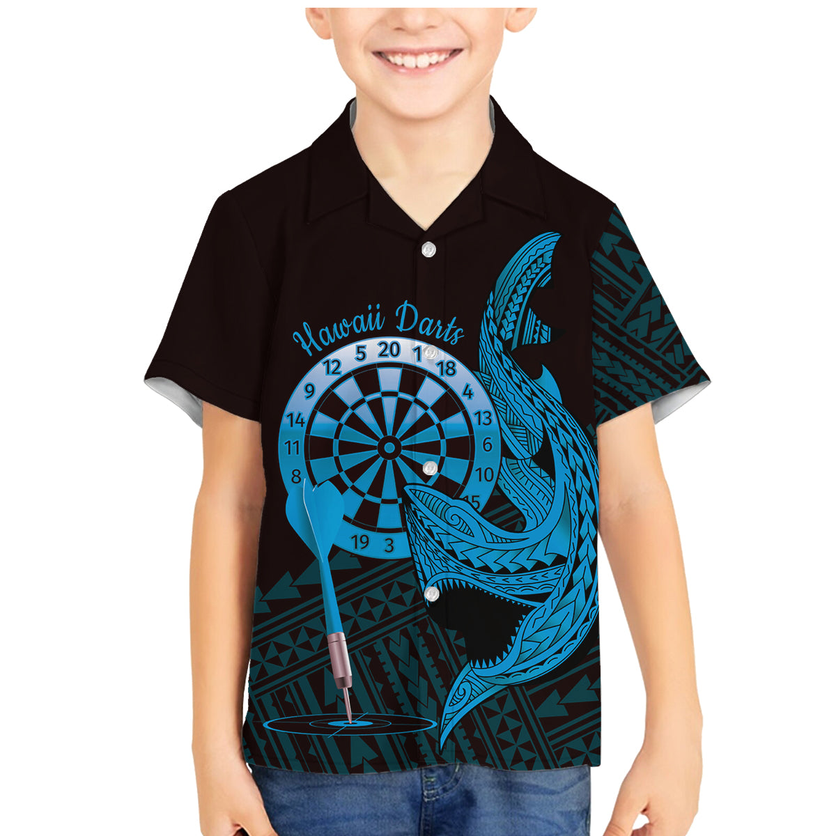 Aloha Hawaii Darts Family Matching Mermaid Dress and Hawaiian Shirt Dart Board With Polynesian Shark - Blue LT14 Son's Shirt Blue - Polynesian Pride