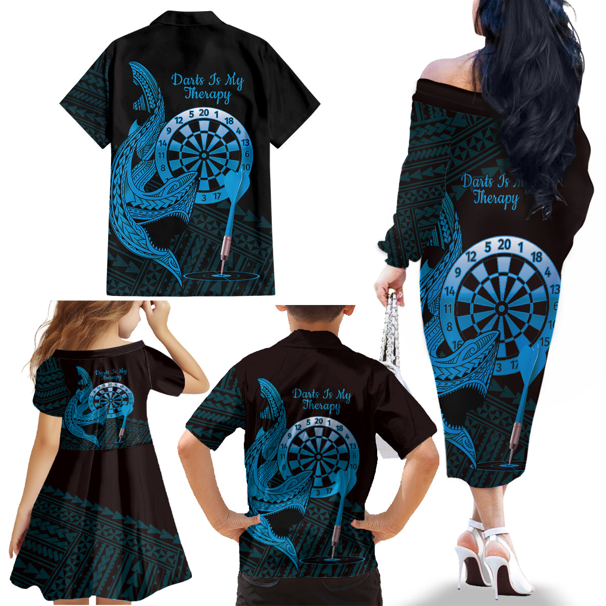 Aloha Hawaii Darts Family Matching Off The Shoulder Long Sleeve Dress and Hawaiian Shirt Dart Board With Polynesian Shark - Blue LT14 - Polynesian Pride