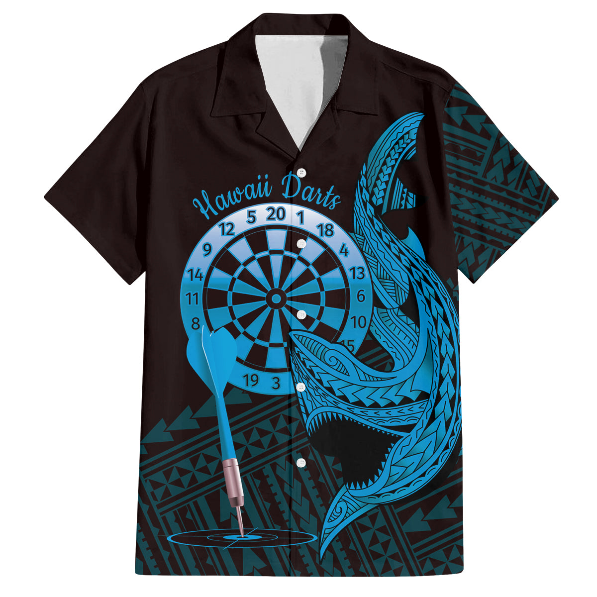 Aloha Hawaii Darts Family Matching Off The Shoulder Long Sleeve Dress and Hawaiian Shirt Dart Board With Polynesian Shark - Blue LT14 Dad's Shirt - Short Sleeve Blue - Polynesian Pride
