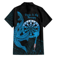 Aloha Hawaii Darts Family Matching Off The Shoulder Long Sleeve Dress and Hawaiian Shirt Dart Board With Polynesian Shark - Blue LT14 - Polynesian Pride
