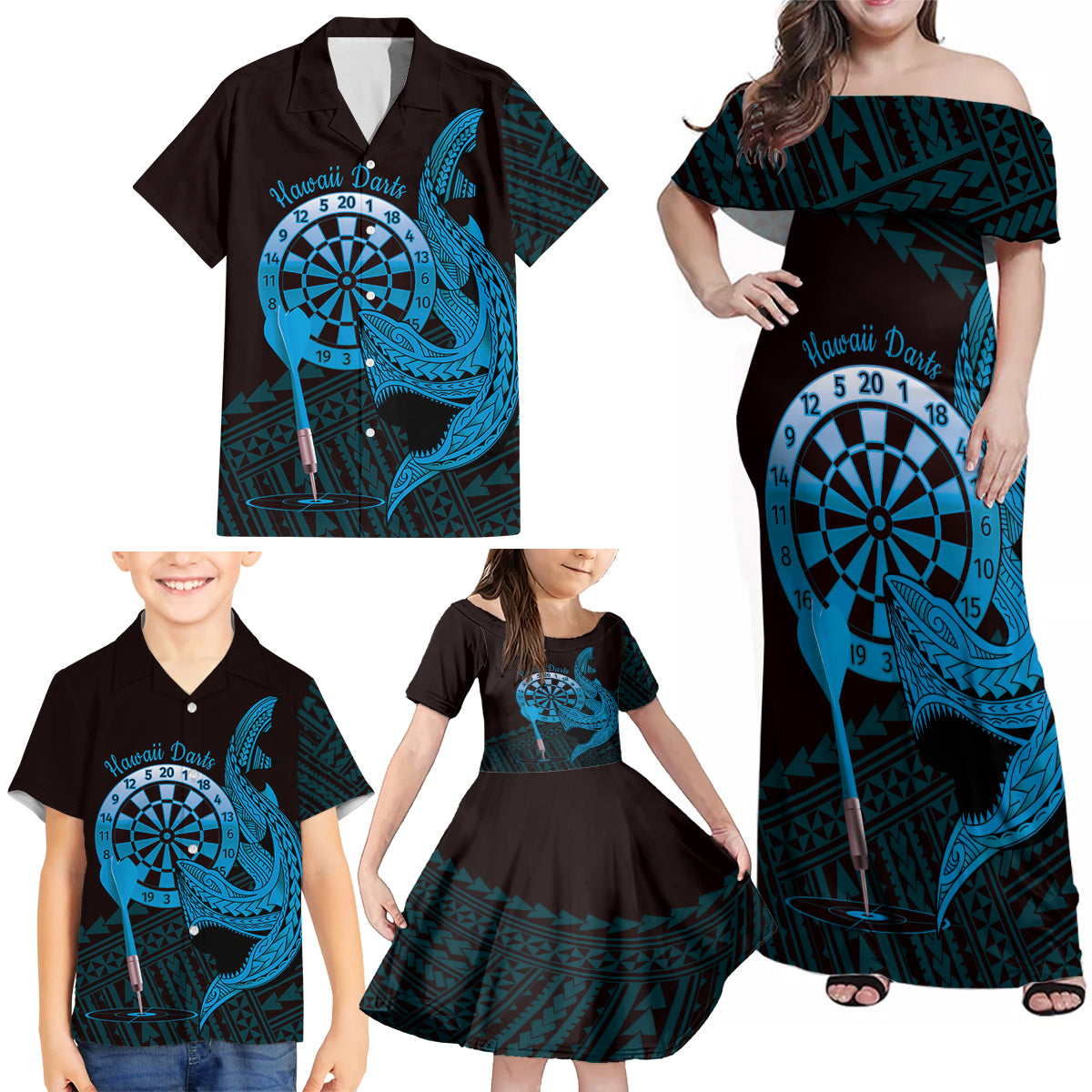 Aloha Hawaii Darts Family Matching Off Shoulder Maxi Dress and Hawaiian Shirt Dart Board With Polynesian Shark - Blue LT14 - Polynesian Pride