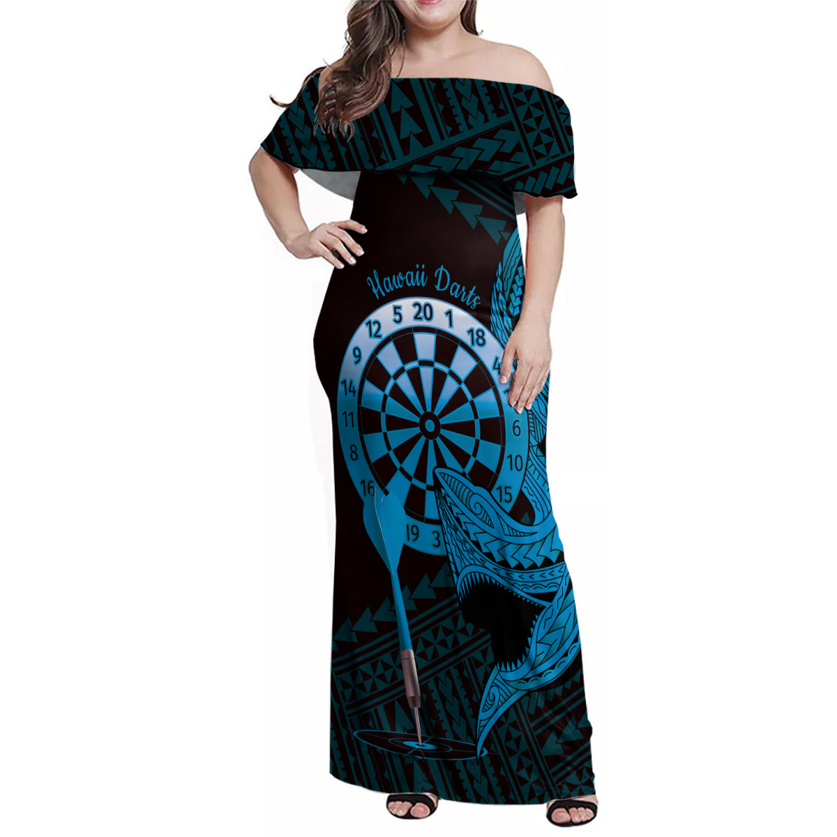 Aloha Hawaii Darts Family Matching Off Shoulder Maxi Dress and Hawaiian Shirt Dart Board With Polynesian Shark - Blue LT14 Mom's Dress Blue - Polynesian Pride