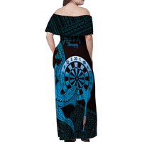 Aloha Hawaii Darts Family Matching Off Shoulder Maxi Dress and Hawaiian Shirt Dart Board With Polynesian Shark - Blue LT14 - Polynesian Pride