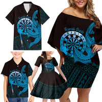 Aloha Hawaii Darts Family Matching Off Shoulder Short Dress and Hawaiian Shirt Dart Board With Polynesian Shark - Blue LT14 - Polynesian Pride
