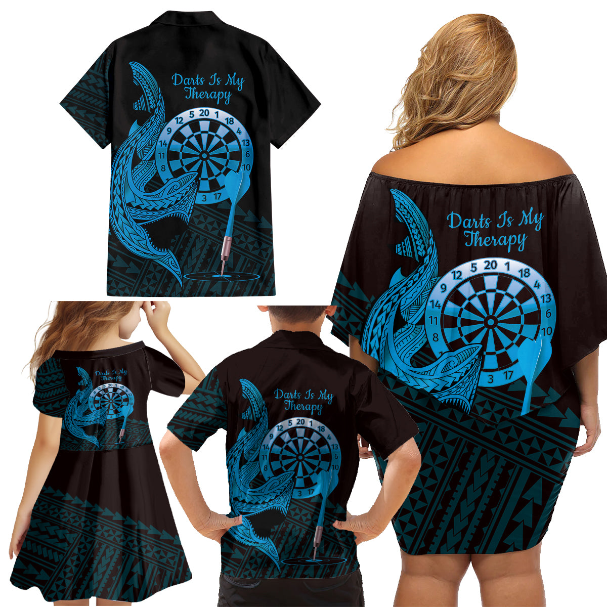 Aloha Hawaii Darts Family Matching Off Shoulder Short Dress and Hawaiian Shirt Dart Board With Polynesian Shark - Blue LT14 - Polynesian Pride
