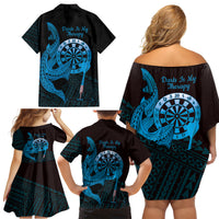 Aloha Hawaii Darts Family Matching Off Shoulder Short Dress and Hawaiian Shirt Dart Board With Polynesian Shark - Blue LT14 - Polynesian Pride