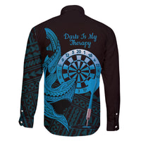 Aloha Hawaii Darts Family Matching Off Shoulder Short Dress and Hawaiian Shirt Dart Board With Polynesian Shark - Blue LT14 - Polynesian Pride
