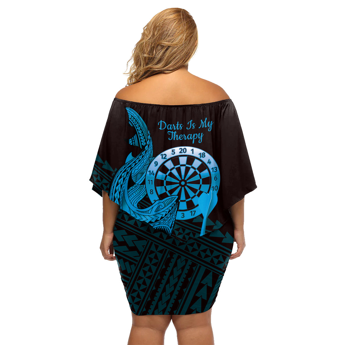 Aloha Hawaii Darts Family Matching Off Shoulder Short Dress and Hawaiian Shirt Dart Board With Polynesian Shark - Blue LT14 - Polynesian Pride