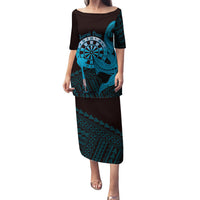 Aloha Hawaii Darts Family Matching Puletasi and Hawaiian Shirt Dart Board With Polynesian Shark - Blue LT14 Mom's Dress Blue - Polynesian Pride
