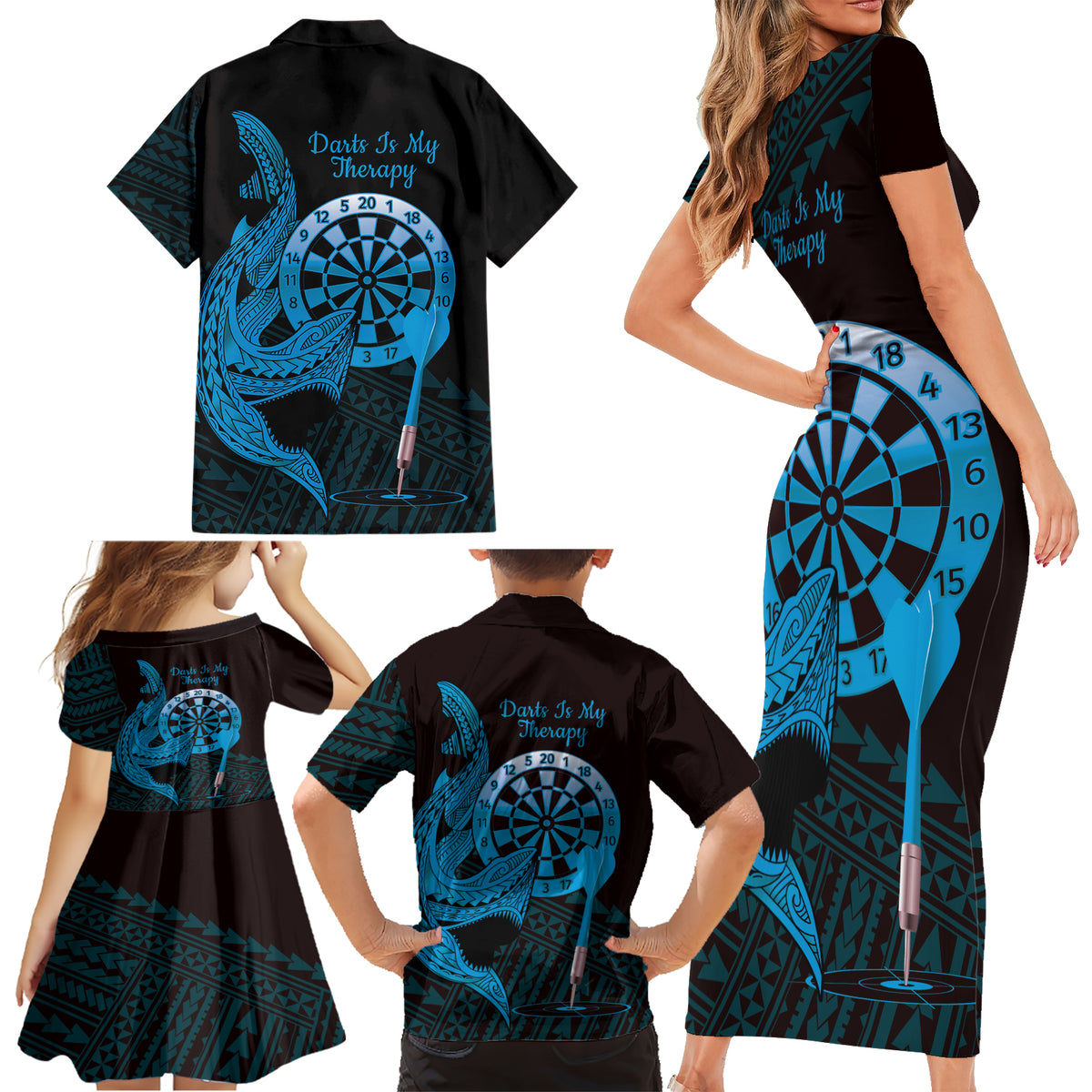 Aloha Hawaii Darts Family Matching Short Sleeve Bodycon Dress and Hawaiian Shirt Dart Board With Polynesian Shark - Blue LT14 - Polynesian Pride