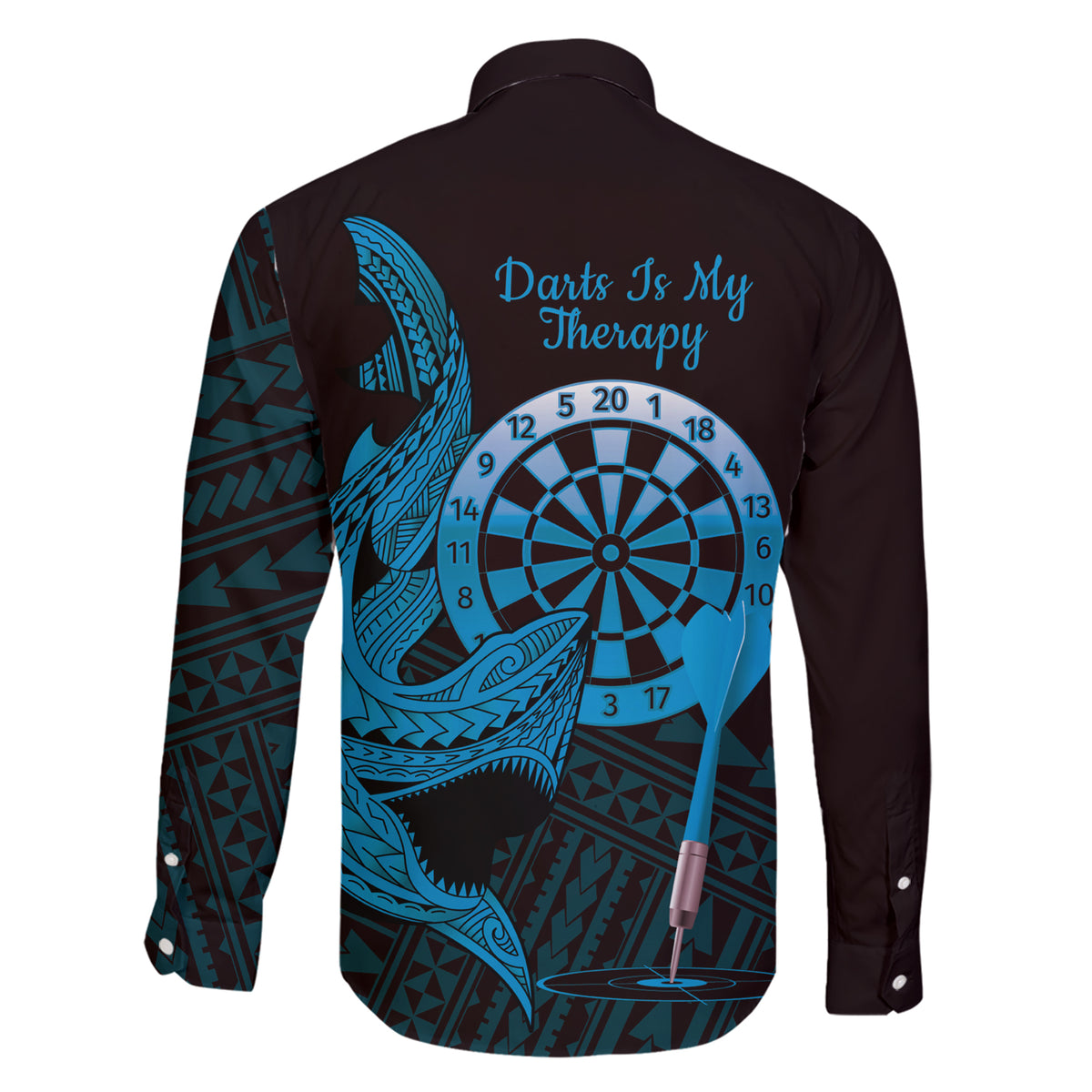Aloha Hawaii Darts Family Matching Short Sleeve Bodycon Dress and Hawaiian Shirt Dart Board With Polynesian Shark - Blue LT14 - Polynesian Pride