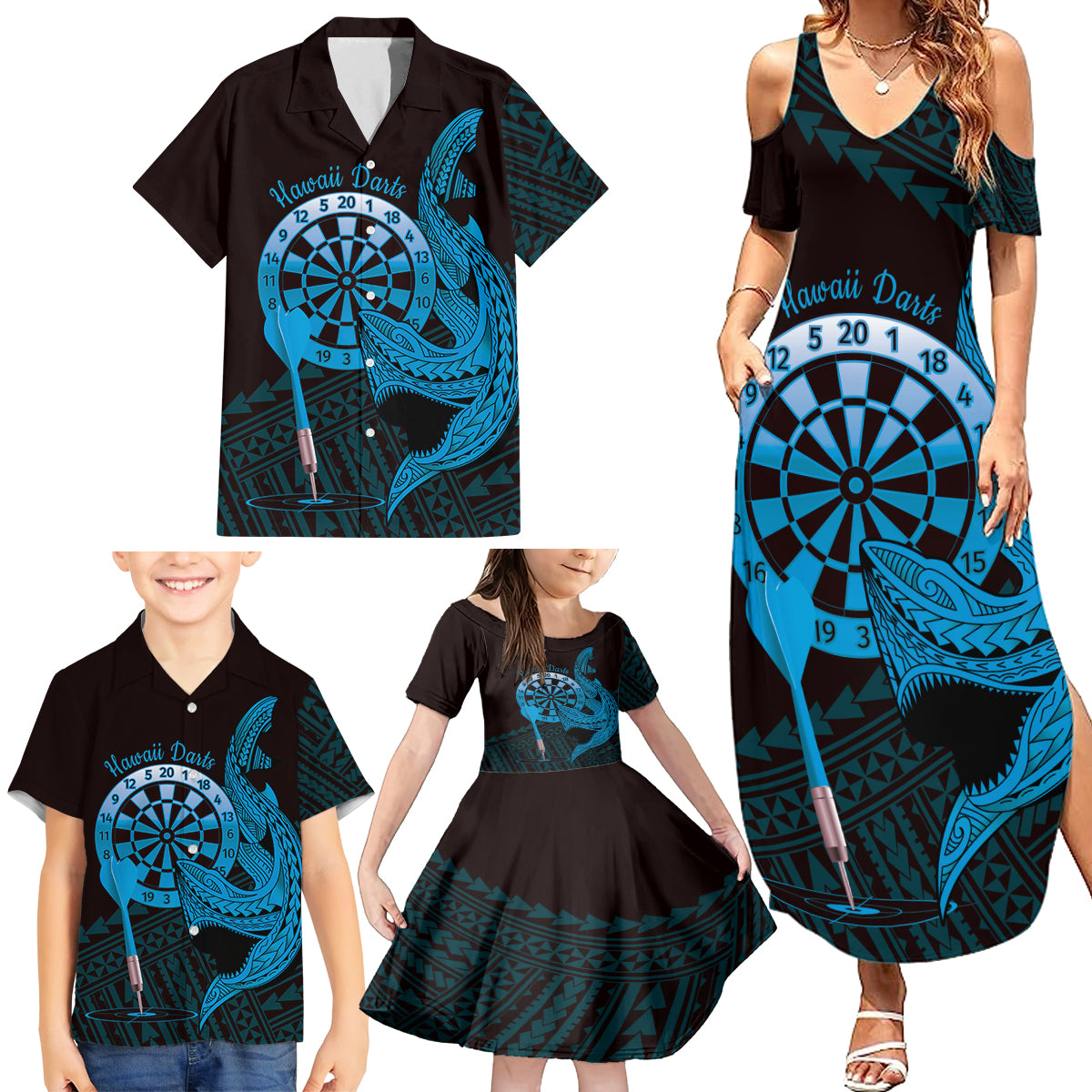 Aloha Hawaii Darts Family Matching Summer Maxi Dress and Hawaiian Shirt Dart Board With Polynesian Shark - Blue LT14 - Polynesian Pride