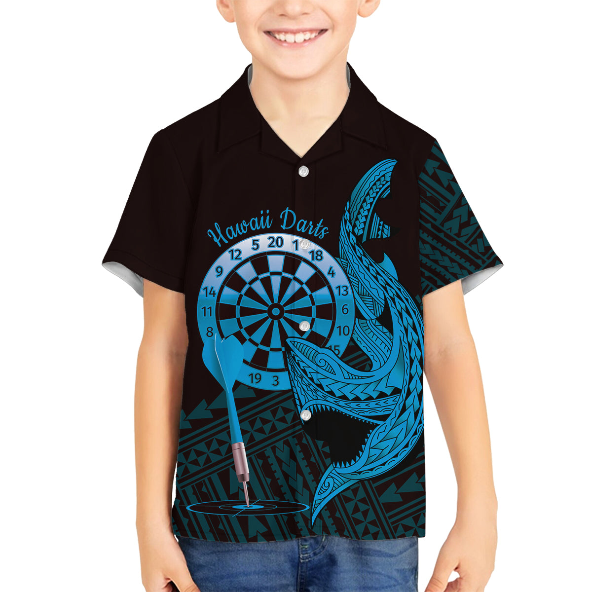 Aloha Hawaii Darts Family Matching Summer Maxi Dress and Hawaiian Shirt Dart Board With Polynesian Shark - Blue LT14 Son's Shirt Blue - Polynesian Pride