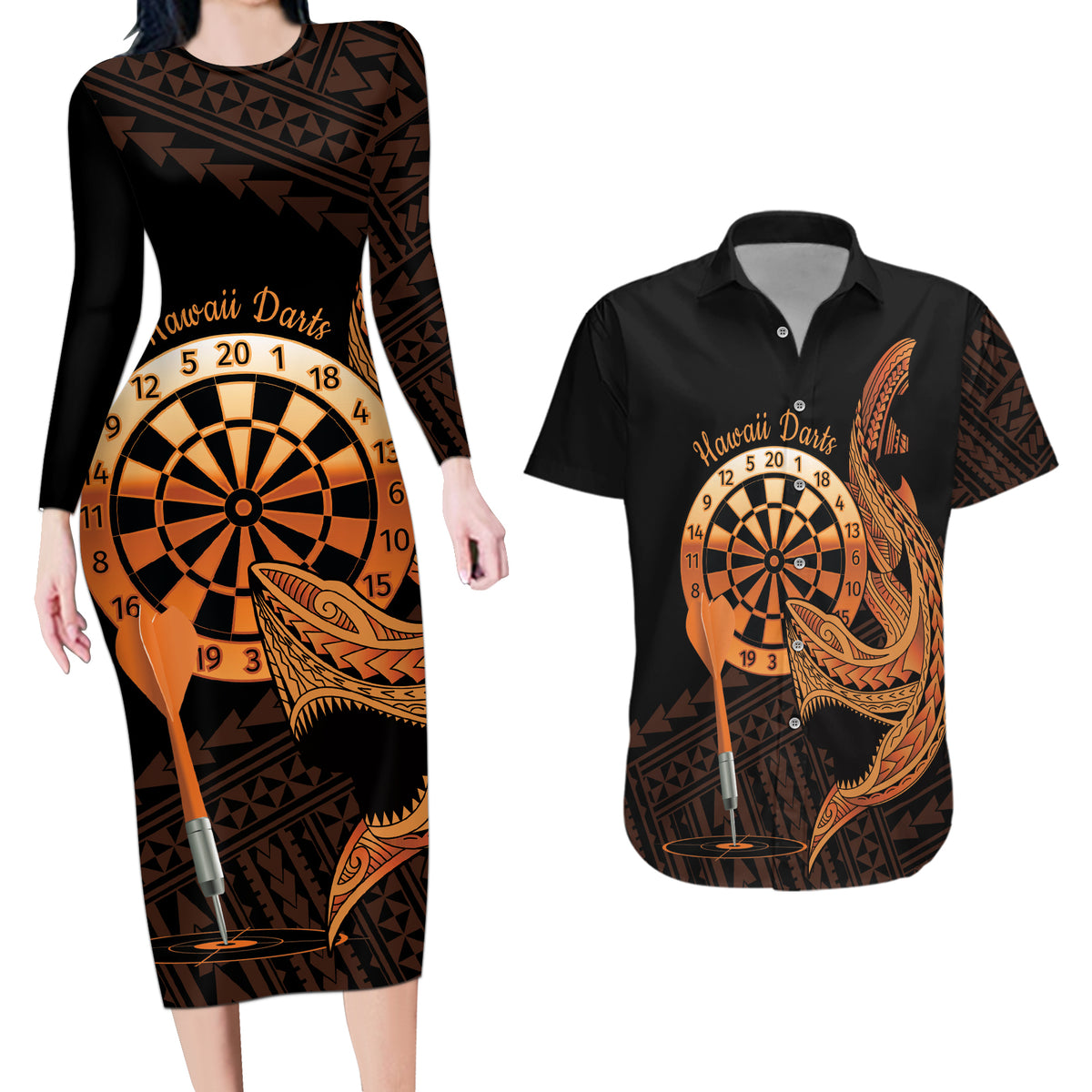 Aloha Hawaii Darts Couples Matching Long Sleeve Bodycon Dress and Hawaiian Shirt Dart Board With Polynesian Shark - Gold LT14 Gold - Polynesian Pride