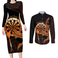 Aloha Hawaii Darts Couples Matching Long Sleeve Bodycon Dress and Long Sleeve Button Shirt Dart Board With Polynesian Shark - Gold LT14 Gold - Polynesian Pride