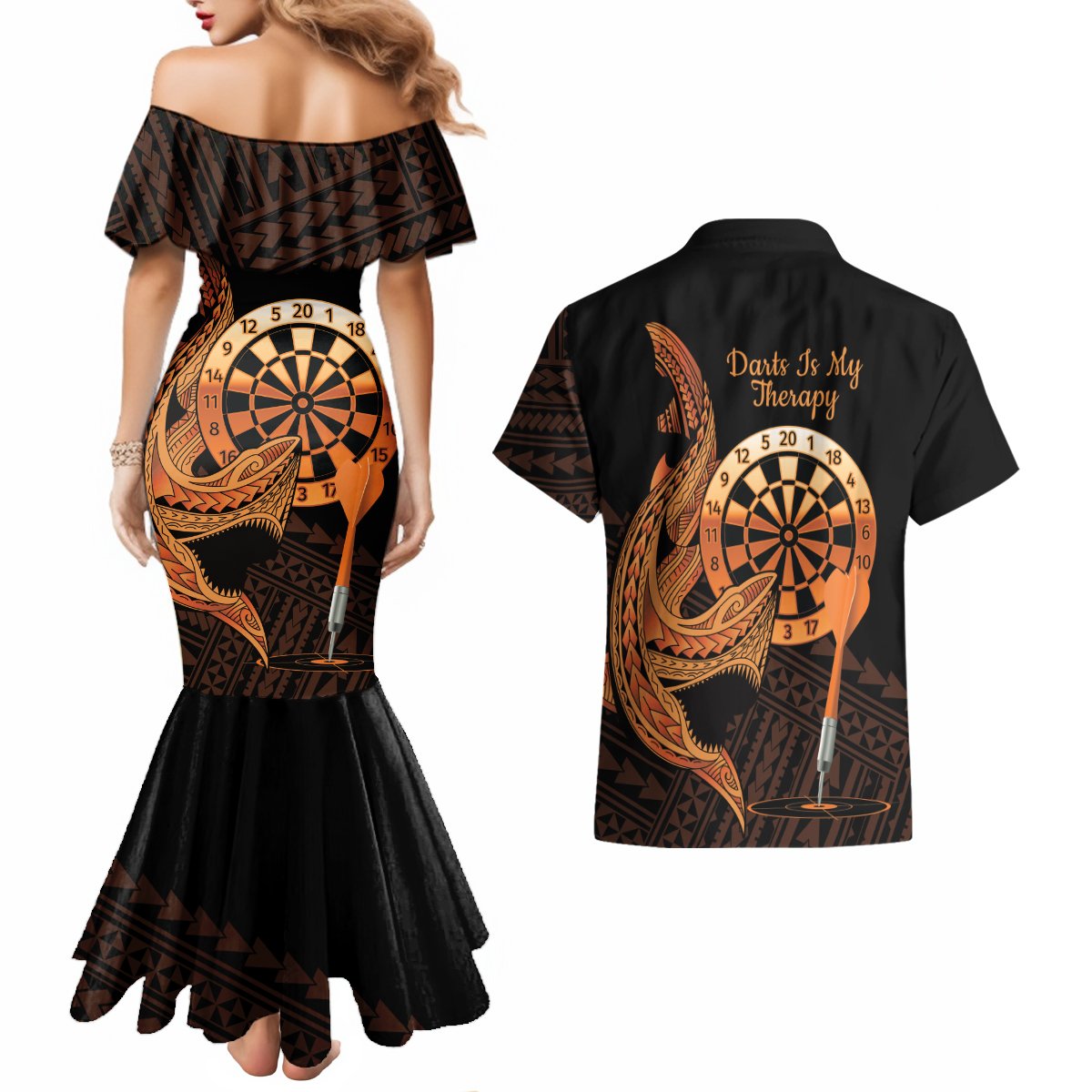 Aloha Hawaii Darts Couples Matching Mermaid Dress and Hawaiian Shirt Dart Board With Polynesian Shark - Gold LT14 - Polynesian Pride
