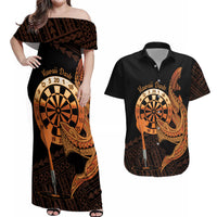 Aloha Hawaii Darts Couples Matching Off Shoulder Maxi Dress and Hawaiian Shirt Dart Board With Polynesian Shark - Gold LT14 Gold - Polynesian Pride