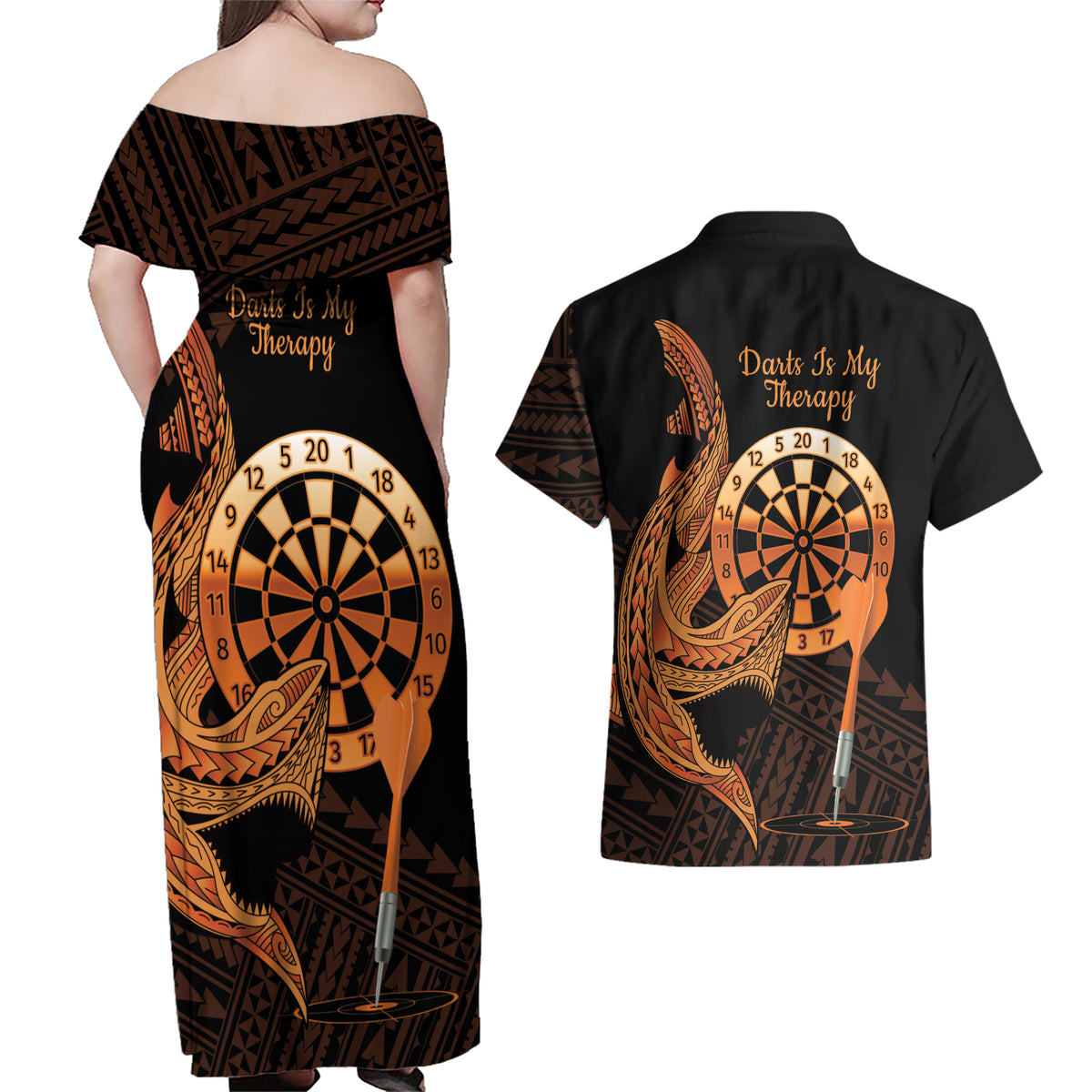 Aloha Hawaii Darts Couples Matching Off Shoulder Maxi Dress and Hawaiian Shirt Dart Board With Polynesian Shark - Gold LT14 - Polynesian Pride
