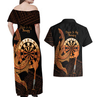 Aloha Hawaii Darts Couples Matching Off Shoulder Maxi Dress and Hawaiian Shirt Dart Board With Polynesian Shark - Gold LT14 - Polynesian Pride