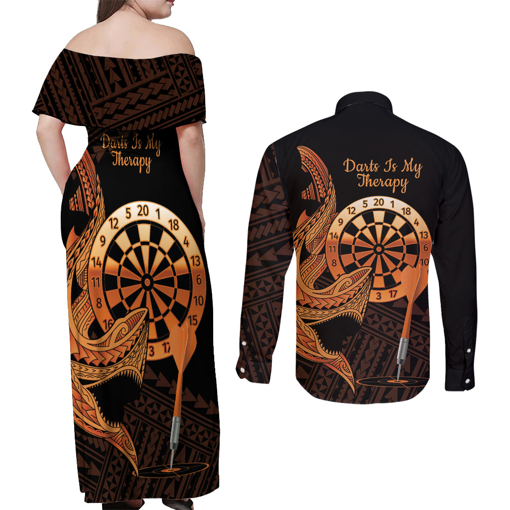 Aloha Hawaii Darts Couples Matching Off Shoulder Maxi Dress and Long Sleeve Button Shirt Dart Board With Polynesian Shark - Gold