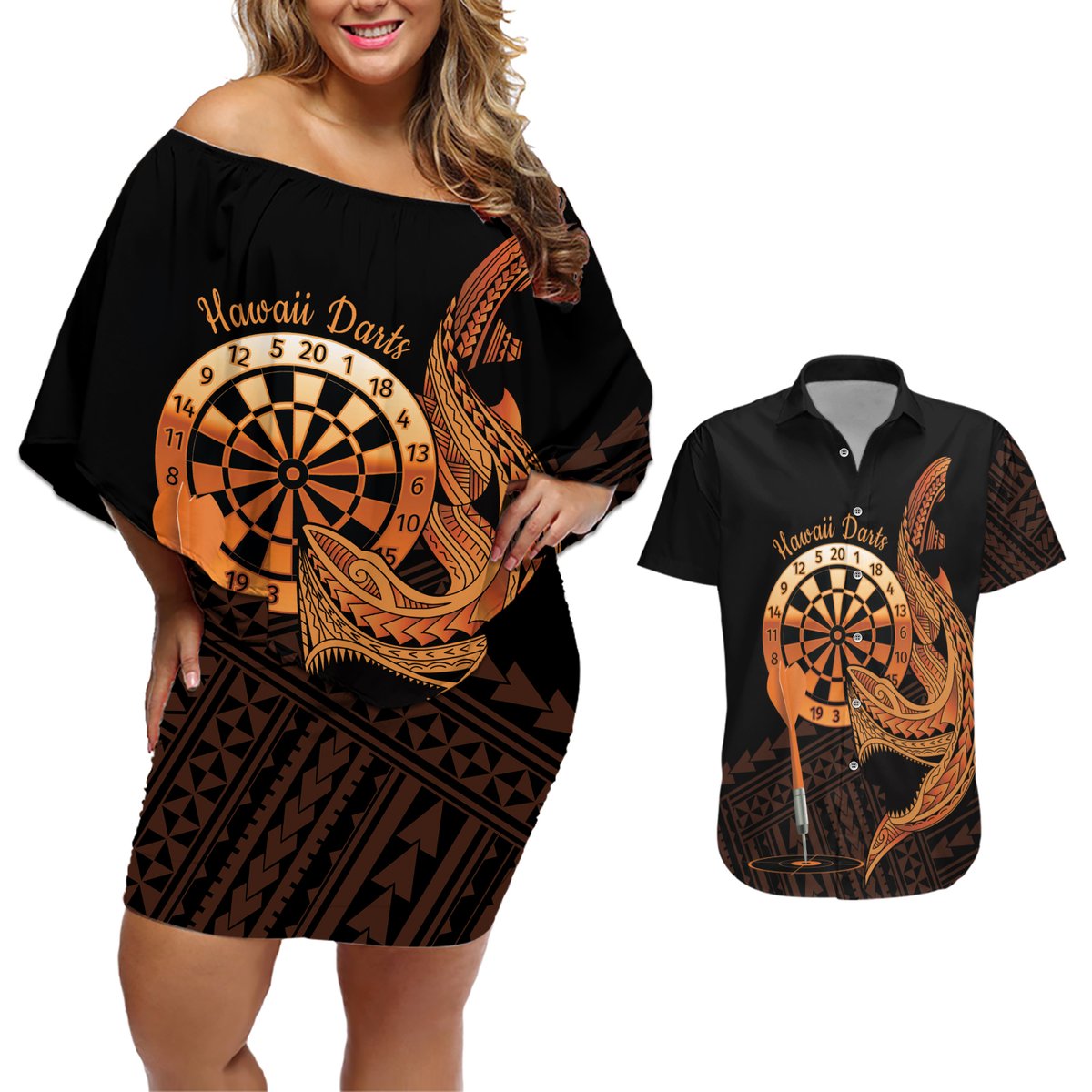 Aloha Hawaii Darts Couples Matching Off Shoulder Short Dress and Hawaiian Shirt Dart Board With Polynesian Shark - Gold LT14 Gold - Polynesian Pride