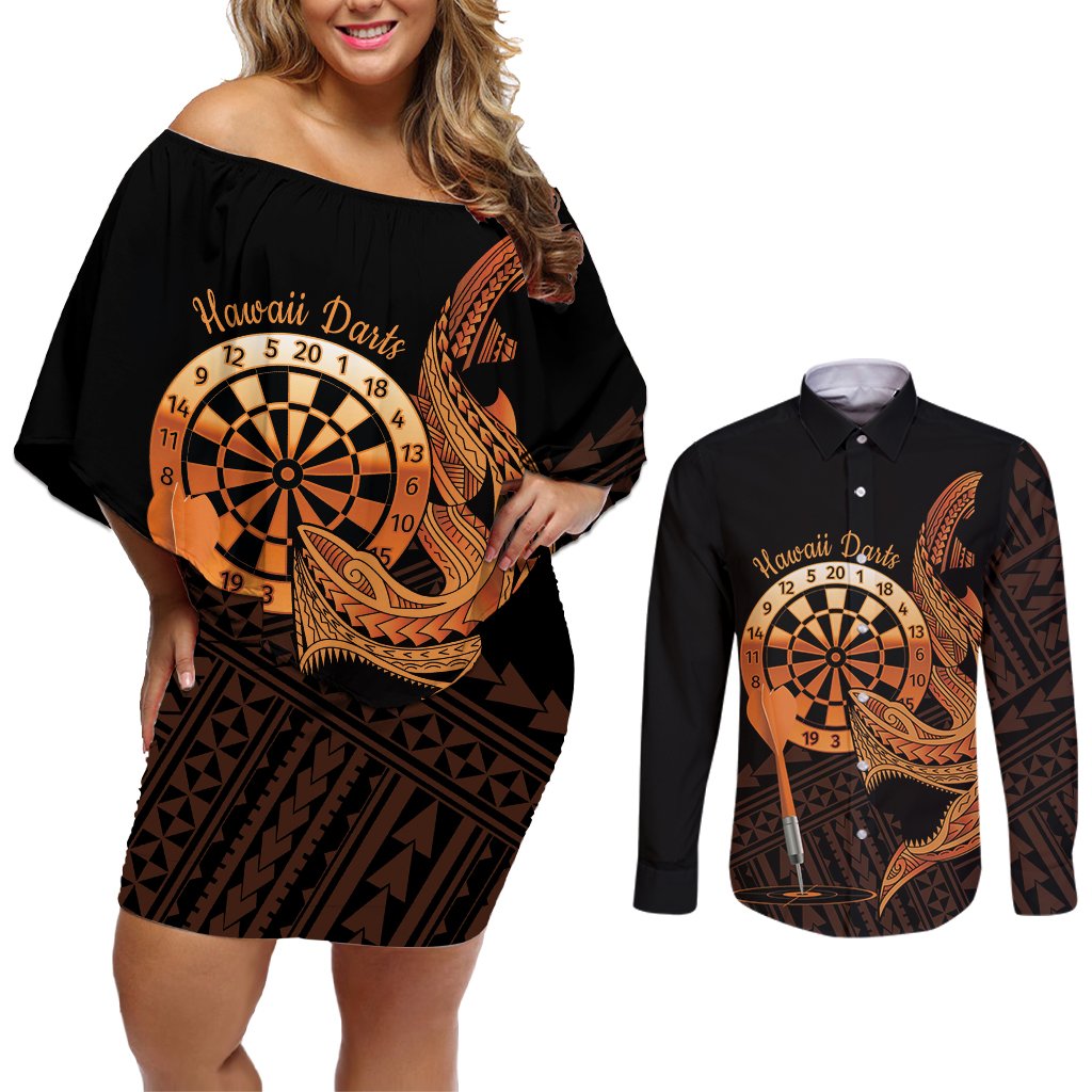 Aloha Hawaii Darts Couples Matching Off Shoulder Short Dress and Long Sleeve Button Shirt Dart Board With Polynesian Shark - Gold LT14 Gold - Polynesian Pride