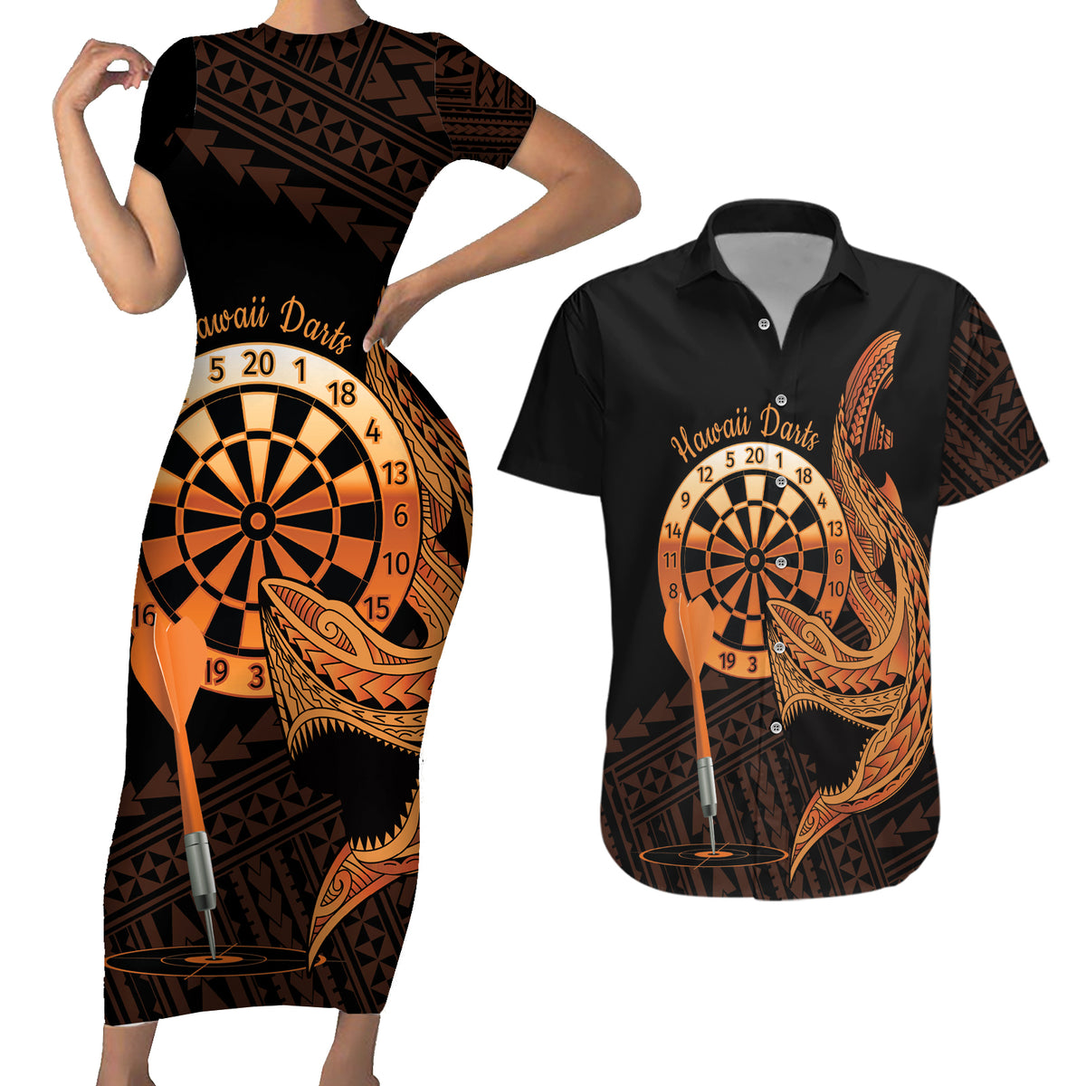 Aloha Hawaii Darts Couples Matching Short Sleeve Bodycon Dress and Hawaiian Shirt Dart Board With Polynesian Shark - Gold LT14 Gold - Polynesian Pride
