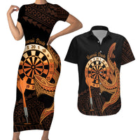 Aloha Hawaii Darts Couples Matching Short Sleeve Bodycon Dress and Hawaiian Shirt Dart Board With Polynesian Shark - Gold LT14 Gold - Polynesian Pride