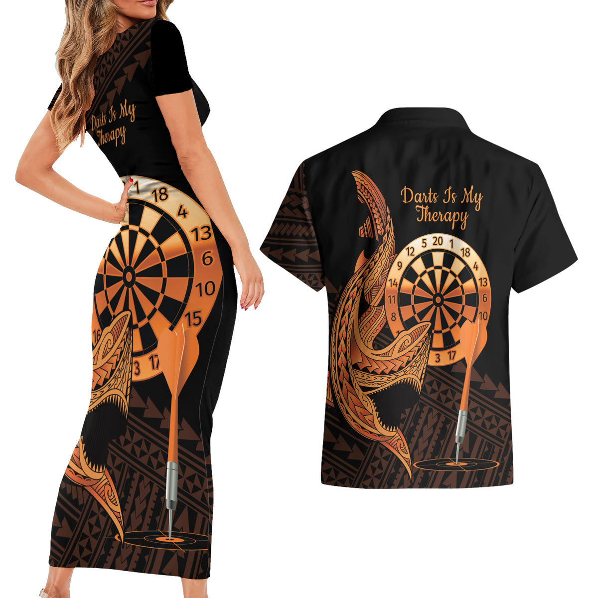 Aloha Hawaii Darts Couples Matching Short Sleeve Bodycon Dress and Hawaiian Shirt Dart Board With Polynesian Shark - Gold LT14 - Polynesian Pride