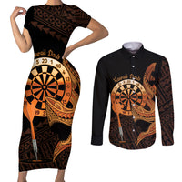 Aloha Hawaii Darts Couples Matching Short Sleeve Bodycon Dress and Long Sleeve Button Shirt Dart Board With Polynesian Shark - Gold LT14 Gold - Polynesian Pride