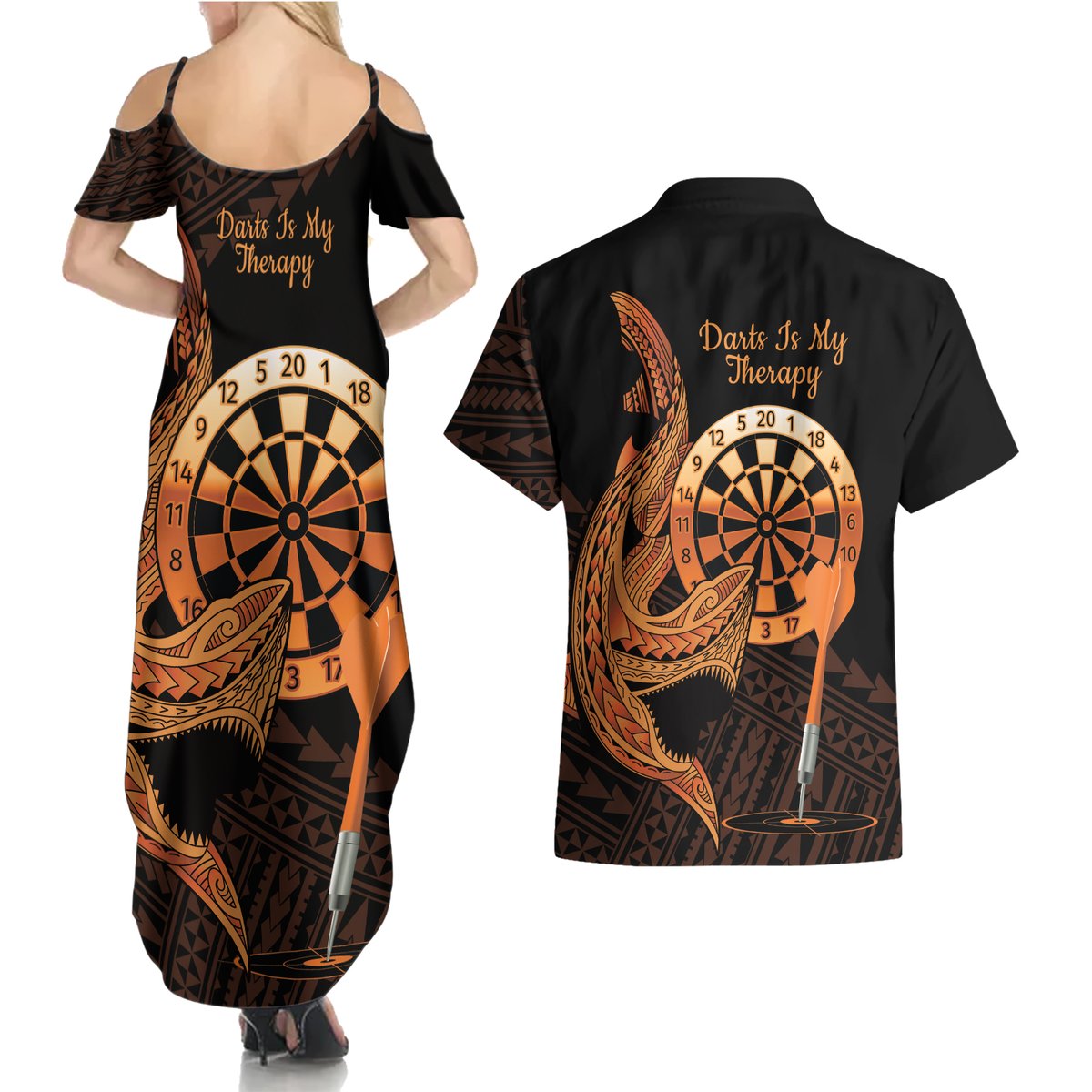 Aloha Hawaii Darts Couples Matching Summer Maxi Dress and Hawaiian Shirt Dart Board With Polynesian Shark - Gold LT14 - Polynesian Pride