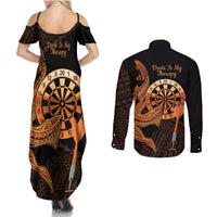 Aloha Hawaii Darts Couples Matching Summer Maxi Dress and Long Sleeve Button Shirt Dart Board With Polynesian Shark - Gold