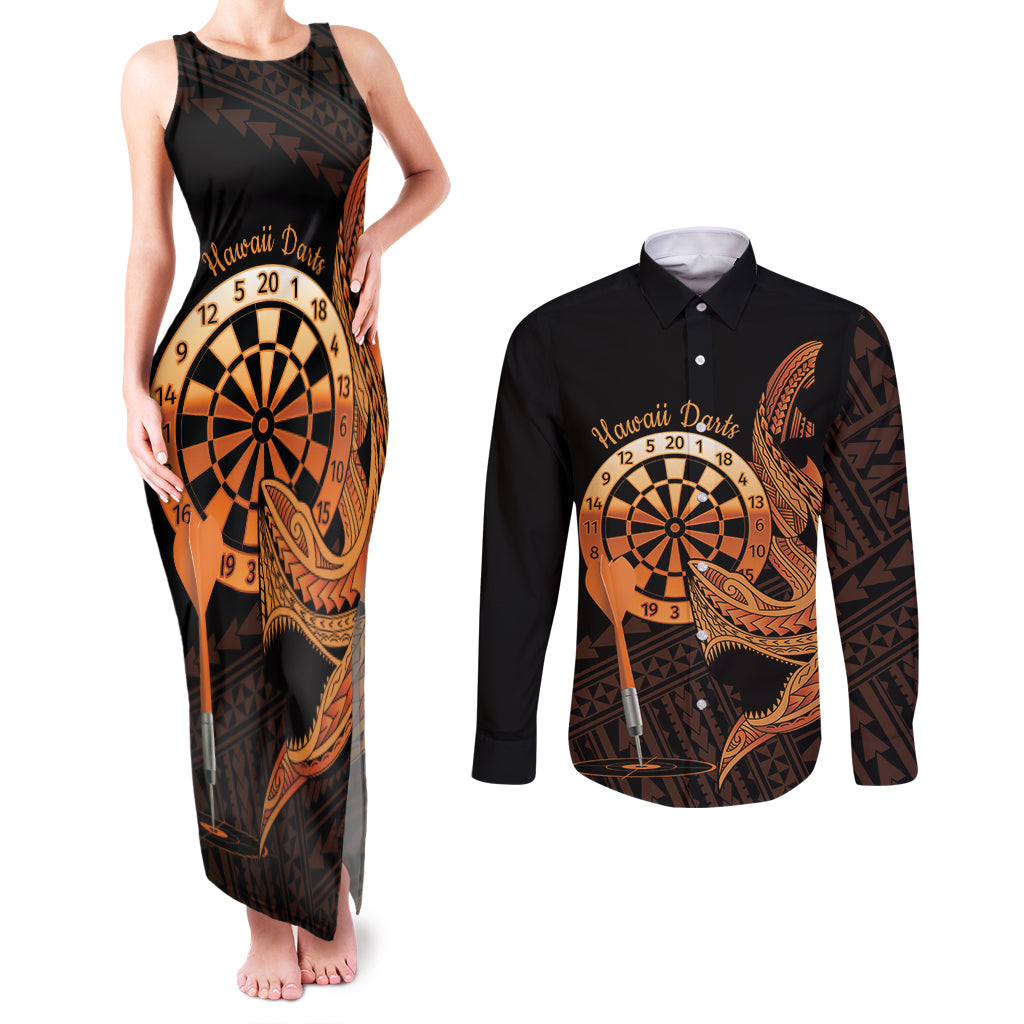 Aloha Hawaii Darts Couples Matching Tank Maxi Dress and Long Sleeve Button Shirt Dart Board With Polynesian Shark - Gold LT14 Gold - Polynesian Pride
