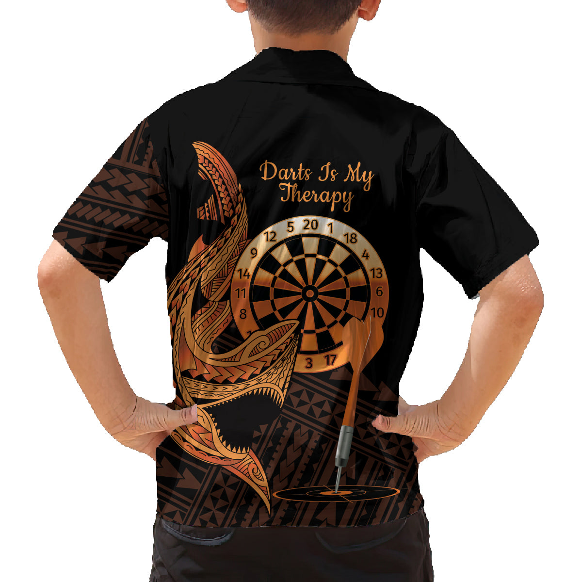 Aloha Hawaii Darts Family Matching Long Sleeve Bodycon Dress and Hawaiian Shirt Dart Board With Polynesian Shark - Gold LT14 - Polynesian Pride