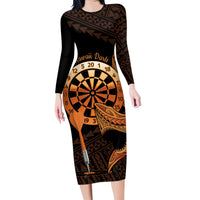 Aloha Hawaii Darts Family Matching Long Sleeve Bodycon Dress and Hawaiian Shirt Dart Board With Polynesian Shark - Gold LT14 Mom's Dress Gold - Polynesian Pride