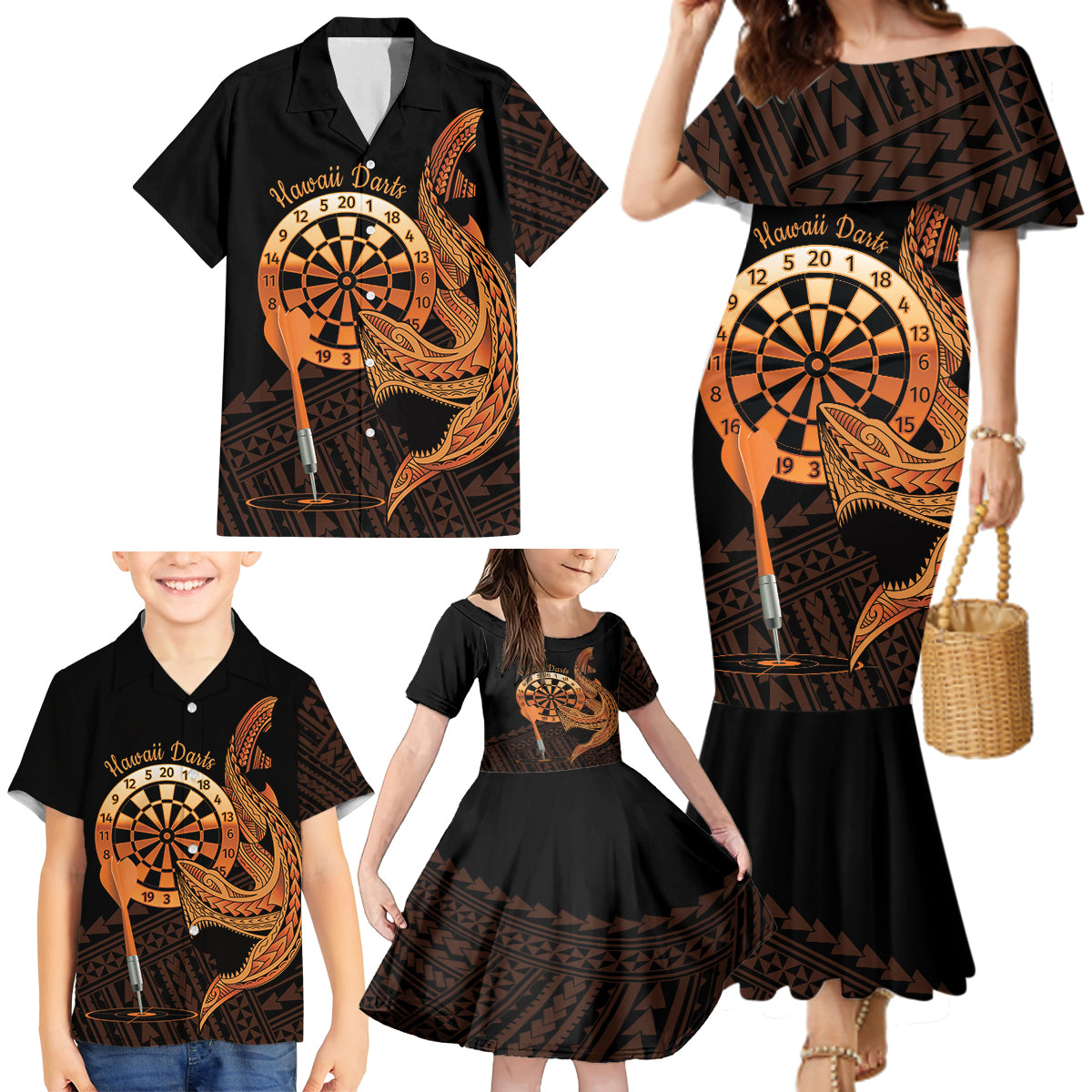Aloha Hawaii Darts Family Matching Mermaid Dress and Hawaiian Shirt Dart Board With Polynesian Shark - Gold LT14 - Polynesian Pride