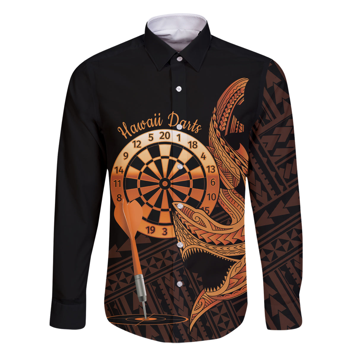 Aloha Hawaii Darts Family Matching Mermaid Dress and Hawaiian Shirt Dart Board With Polynesian Shark - Gold LT14 Dad's Shirt - Long Sleeve Gold - Polynesian Pride