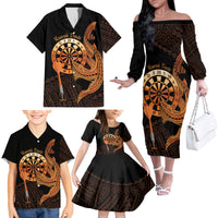 Aloha Hawaii Darts Family Matching Off The Shoulder Long Sleeve Dress and Hawaiian Shirt Dart Board With Polynesian Shark - Gold LT14 - Polynesian Pride